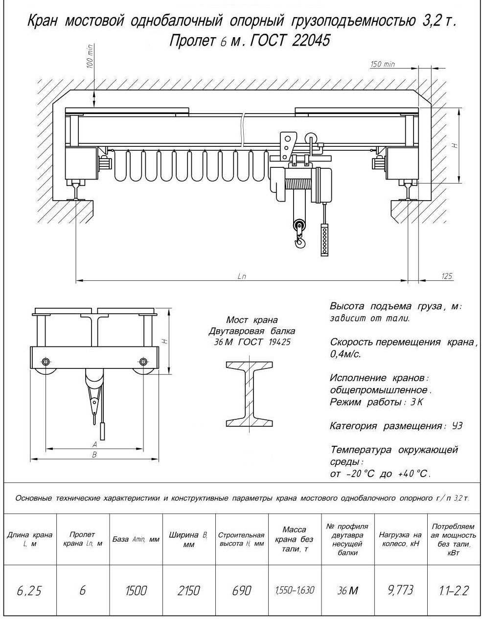 Кран балка опорная 3,2т пролет 6м