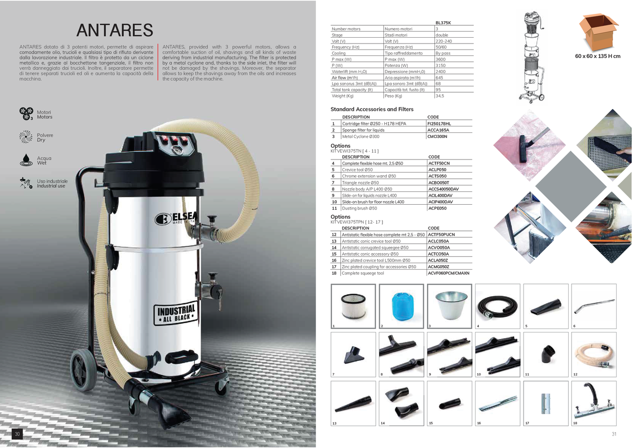 Индустриальный трехмоторный пылесос для уборки цехов и СТО ELSEA Antares