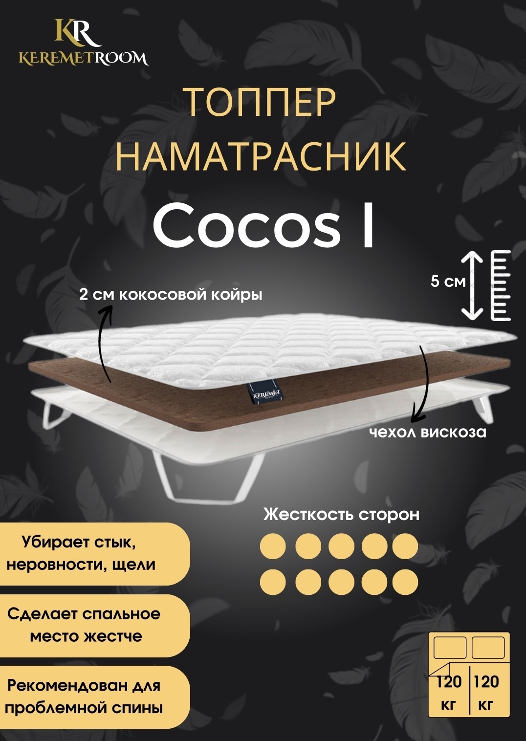Топпер KeremetRoom Cocos I, 180x200x5 см, чехол вискоза, жаккард