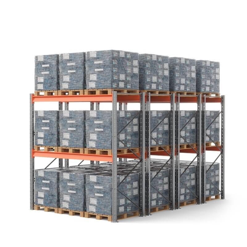 Стеллаж двойной глубины 3000х2700х1100 мм. Ярусы: пол+2 (г/п 2400 кг на ярус)