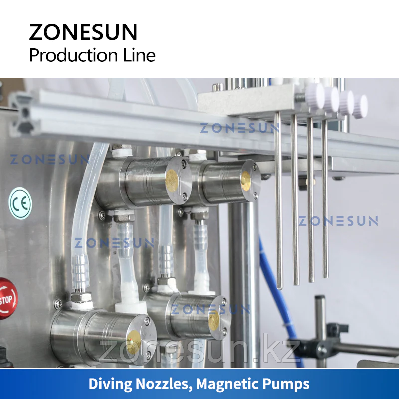ZONESUN ZS-FAL180D6 ЛИНИЯ ПО РОЗЛИВУ ЭТИКЕТИРОВАНИЮ И УКУПОРКЕ КРУГЛЫХ БУТЫЛОК С МАГНИТНЫМ НАСОСОМ