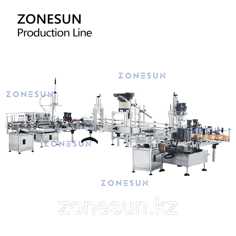 ZONESUN ZS-FAL180D6 ЛИНИЯ ПО РОЗЛИВУ ЭТИКЕТИРОВАНИЮ И УКУПОРКЕ КРУГЛЫХ БУТЫЛОК С МАГНИТНЫМ НАСОСОМ